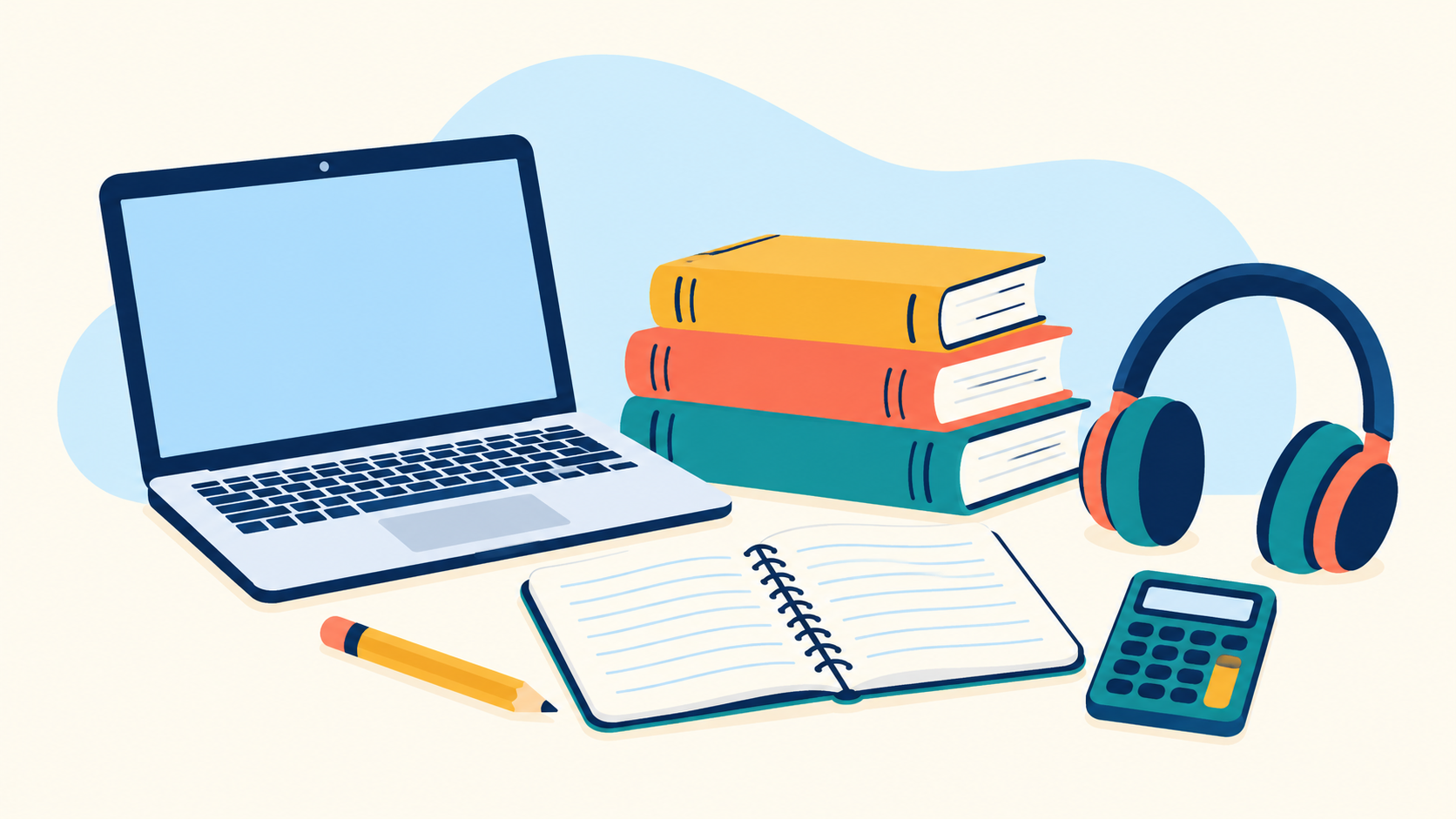 Colorful tutoring supplies including a laptop, books, notebook, headphones, and calculator
